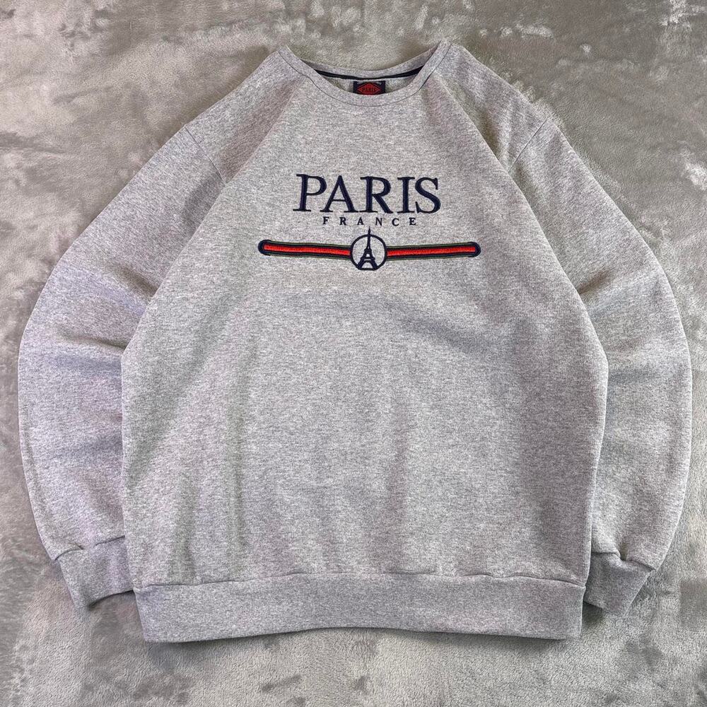 Vintage Paris France Crewneck Sweatshirt Gray Spellout Eiffel Tower Graphic XL